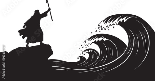 A silhouette of a figure standing on a rock, holding a staff, with large ocean waves nearby, against a transparent background.