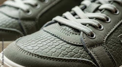 Close-up of stylish green sneakers with textured design