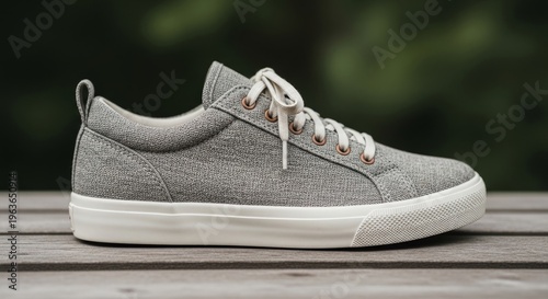 Casual gray sneaker on wooden deck with blurred green background