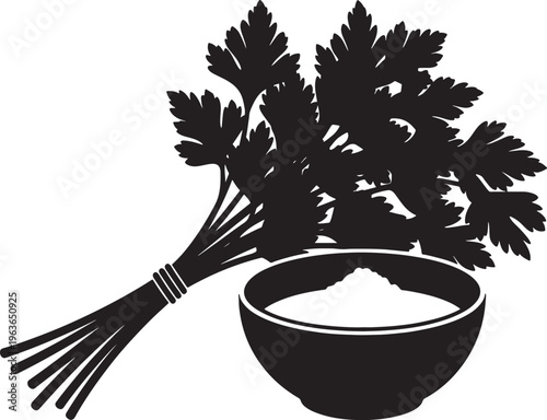 Fresh bunch of parsley herbs with bowl of salt for passover seder ceremony black silhouette vector isolated on transparent background for food art.