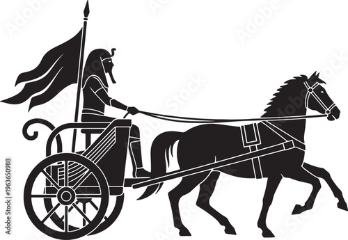Ancient egyptian pharaoh riding horse drawn war chariot with spear and flag black silhouette vector illustration on transparent background for history.