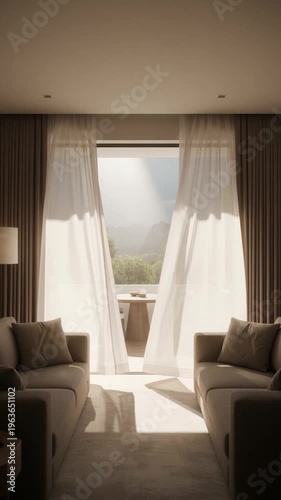 Modern luxury living room interior with soft curtains and sunlit terrace view of mountains