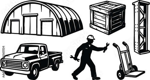 Industrial warehouse pickup truck and worker with wrenches beside crate and hand truck line art