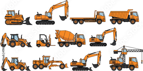Construction vehicles set including excavator bulldozer dump truck crane forklift and mixer isolated industrial machinery collection for building and engineering projects illustration
