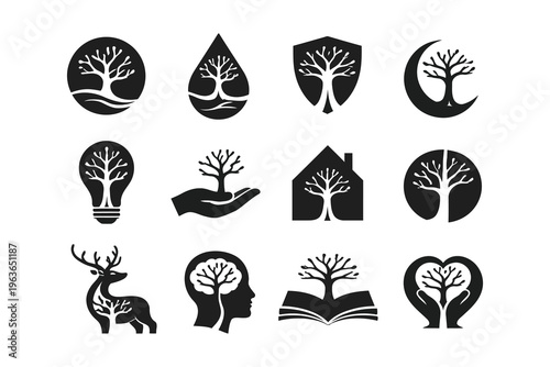 Symbolic illustrations featuring trees in various creative designs