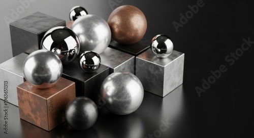 Metal spheres and cubes arranged in geometric composition on black reflective surface