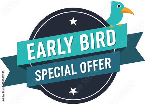 A colorful early bird special offer vector graphic with a blue bird and dark blue circle