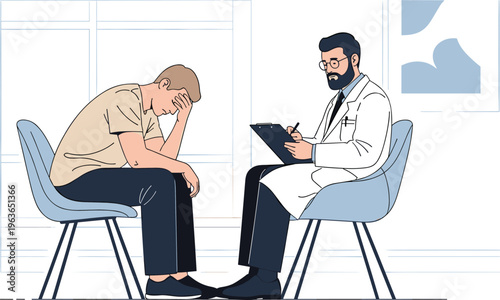 Mental health therapy session illustration showing depressed man consulting psychologist in clinic office for counseling support stress anxiety treatment concept