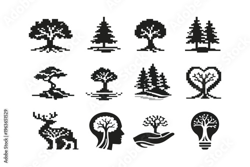 Whimsical black and white icons of trees and nature-inspired symbols