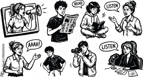 Black and white line art woman with megaphone tv anchor camera photographer reader with books and speech bubbles