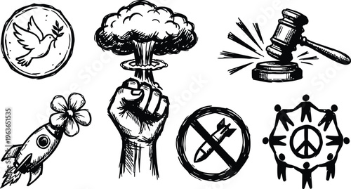 Black and white hand drawn political symbols including dove coin mushroom cloud raised fist