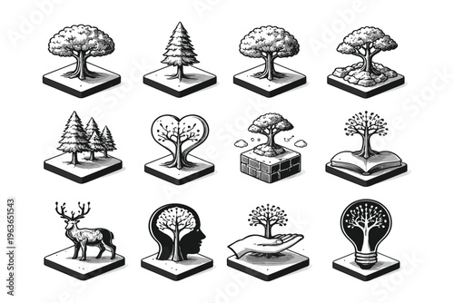Symbolic icons featuring trees and nature-inspired abstract concepts on pedestals