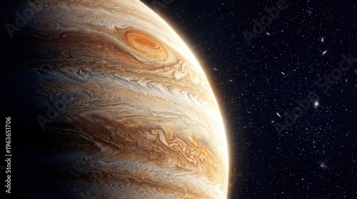 Majestic gas giant planet jupiter glowing in deep space with swirling brown and cream clouds and atmospheric storms set against a vast starry background in a high detail cinematic astronomical view