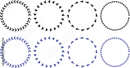 Black and blue geometric circular frames with arrows and triangles