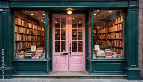 Exterior of a charming bookshop with large display windows showcasing shelves full of books. A pink door with glass panes is central. Books are stacked in the windows and on the sidewalk in front.