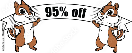 Two cartoon chipmunks holding a banner with a 95 percent off discount sign