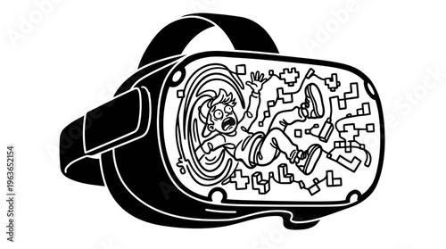 Minimalist VR Headset with Falling Cartoon Gamer Line Art, Monochrome Vector Illustration of Virtual Reality Humor