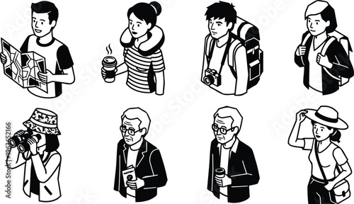 Black and white travel icon set with eight travelers holding map camera binoculars and coffee