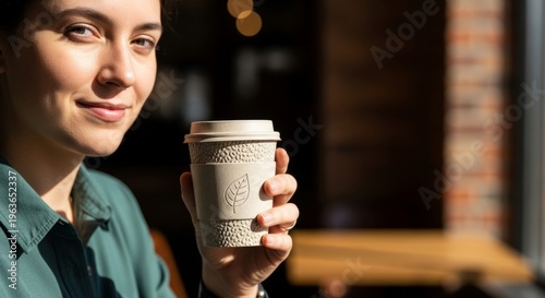 Young woman enjoying coffee in sunlit modern cafe