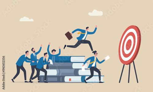 Career competition books people to get to goal, take advantage of coworker to success, selfish businessman jump over other people to achieve target