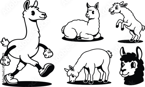 Black and white cartoon llamas and alpacas in playful walking grazing and reclining poses