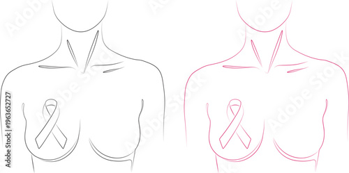 Two abstract line depictions of a female torso with a pink ribbon