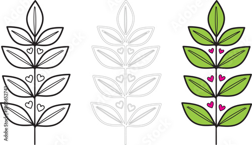 Three stylized plant branches with leaves and hearts