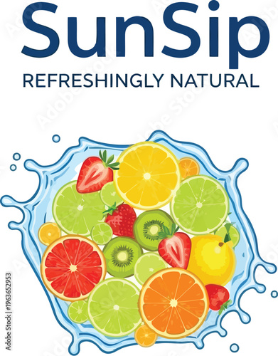 A colorful illustration of mixed fruits with the SunSip logo and the tagline Refreshingly Natural