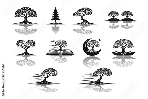 Artistic interpretations of trees in various symbolic and imaginative settings