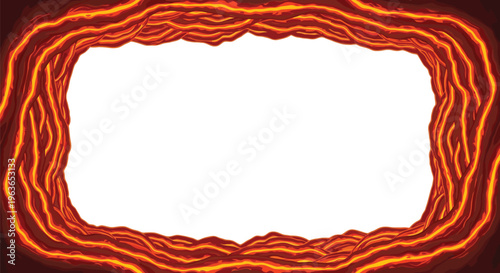 A vibrant orange and yellow flame border surrounds a blank white space