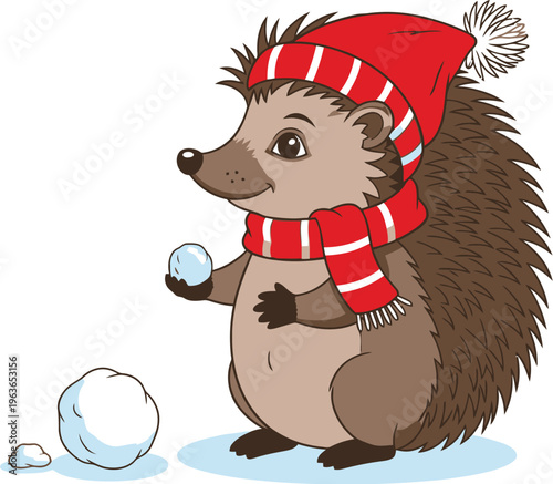 A cartoon hedgehog wearing a red hat and scarf playing with snowballs in winter.