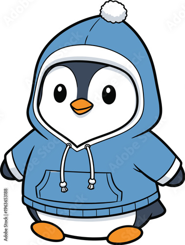 A cartoon penguin wearing a blue hoodie with a white pom-pom on a plain white background