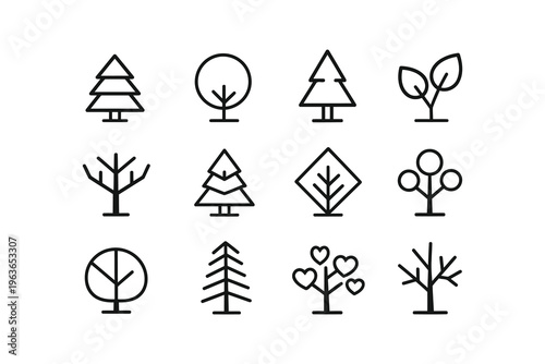 Diverse illustrations of stylized trees and foliage in minimalist line art