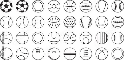 Sports icons, athletic symbols, ball illustrations, 40 vector graphics
