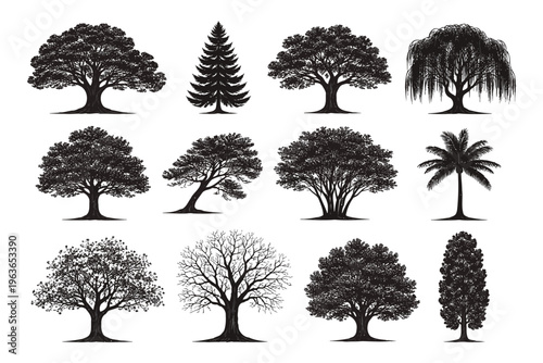 Diverse styles of pixel art trees in monochrome design