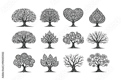 Diverse illustrations of stylized trees in black and white line art