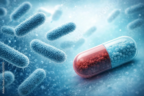 Pill capsule with bacteria background, antibiotic resistance and microbiology concept