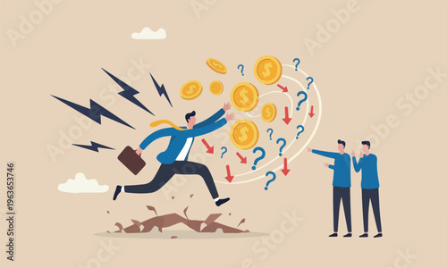 Financial risk,red big meeting teams together bullseye target making money, debt or loss problem, chasing investment return, danger or crisis, businessman risk himself chasing money to grab flying