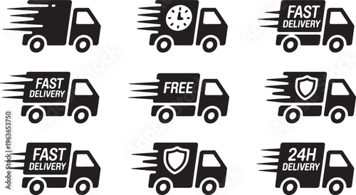 Delivery truck with various symbols and text indicating speed and service options including fast delivery free delivery and 24 hour service with a