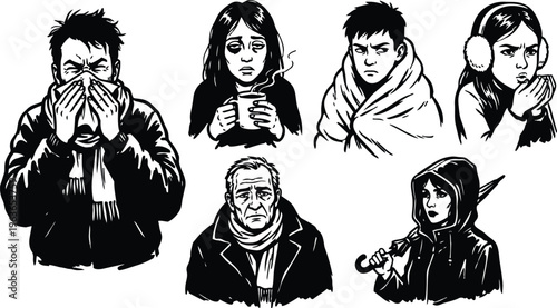 Sick people line art set six winter portraits with tissue mug blanket earmuffs umbrella