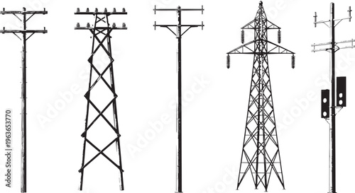 Diverse collection of black and white of electricity pylons and utility poles showcasing different and structural complexities