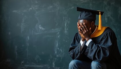 Student in graduation gown sits with head in hands looking distressed. Young graduate feels overwhelmed by academic pressure and future uncertainty after college.