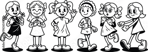 Retro black and white line art six girls walking and holding balls with playful expressions
