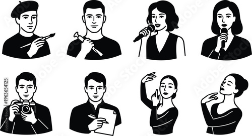Black and white vector art icons of painter with beret sculptor with hammer singers with microphones photographer writer and dancers