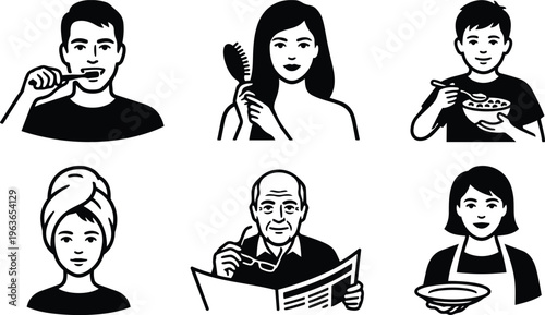 Line art black and white icons of six people brushing teeth hair eating reading and serving