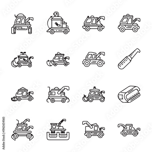 Agricultural Harvester Icons Set Farming Machinery Collection Line Art Simple Outline Vector Graphics
