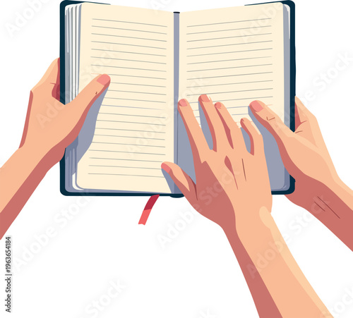 Illustrazione vettoriale di mani che aprono un libro. Concetto di lettura, conoscenza, studio, apprendimento e scoperta, ideale per educazione, cultura e contenuti editoriali.