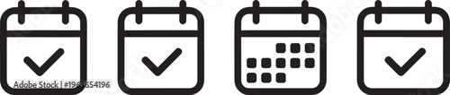 Four Black Outline of Calendars with Checkmarks and Grid Displaying Different Date Management Concepts
