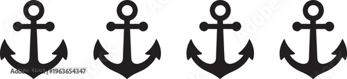 Four identical black silhouette anchors arranged horizontally in a row on a white background, symbolizing maritime, nautical, and stability themes