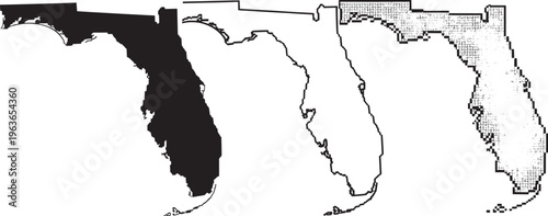 Four distinct representations of the state of Florida's outline including a solid silhouette a pixelated outline and a detailed line on a white